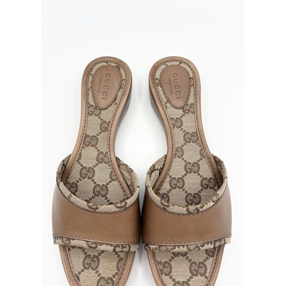 Gucci Leather & Canvas Brown Monogram Sandals w/ Wooden Sole Mule Y2K Sz EU 36.5 - Picture 5 of 13